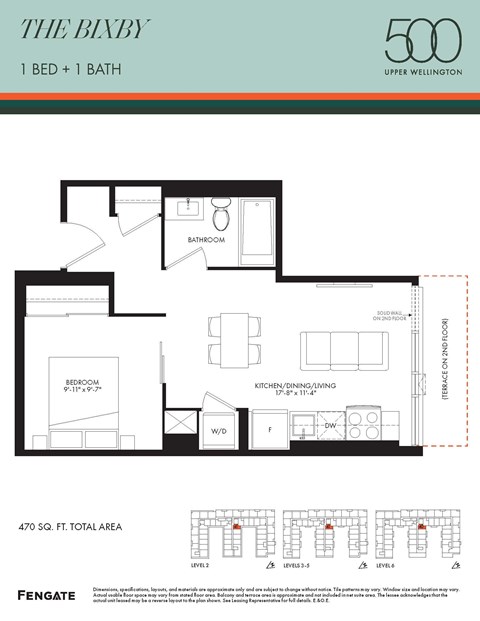 Floor plan for 1 bed, 1 bath, 470 sqft